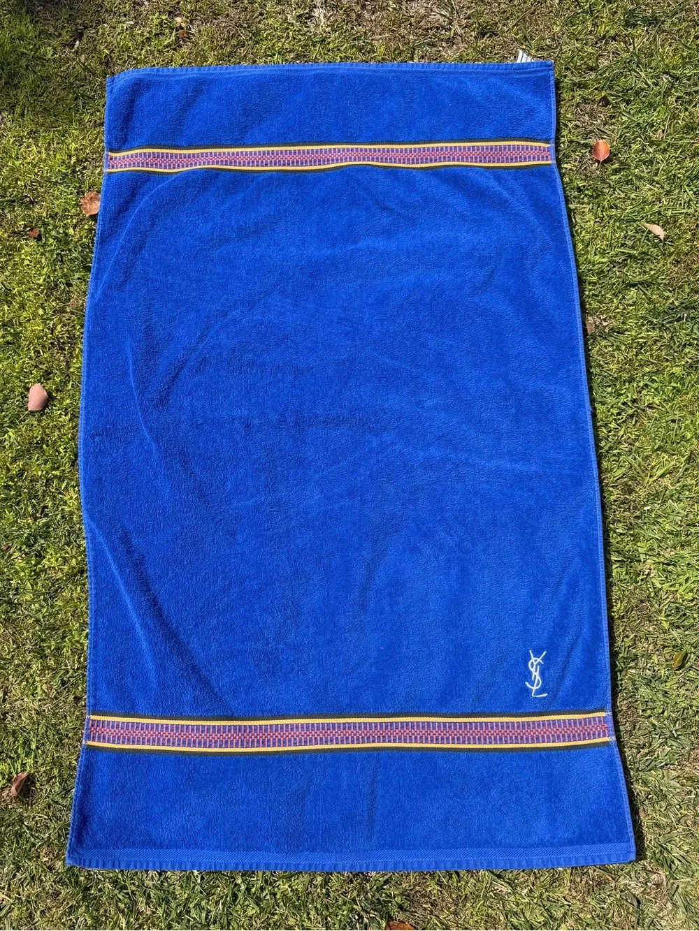 VTG Yves Saint Laurent YSL Bath Towel Bright Blue Embroidered Edge 25x41 France